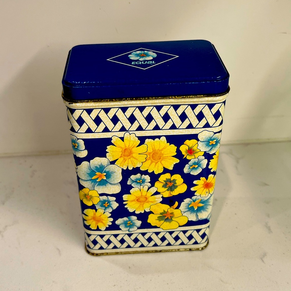 Vintage Equal NutraSweet Sweetener Tin Blue Yellow Metal Floral Retro Container